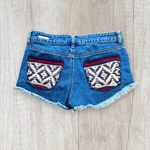 P.S. Erin Wasson Distressed Boho Denim Cutoff Shorts Crochet Pockets Size 28